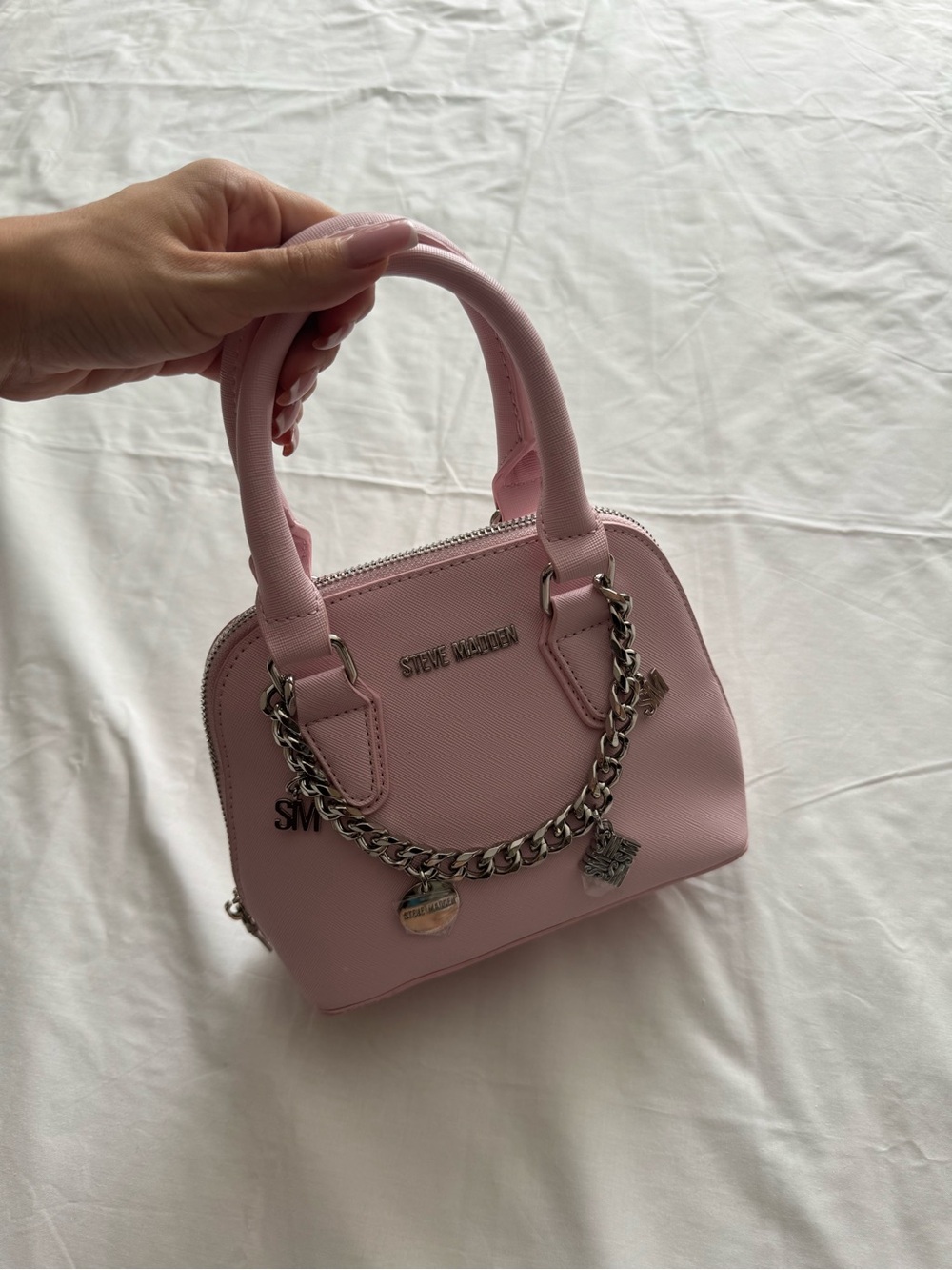 Steve Madden Pink Mini Satchel Purse Chain Charm Top Handle Crossbody Bag NWOT
